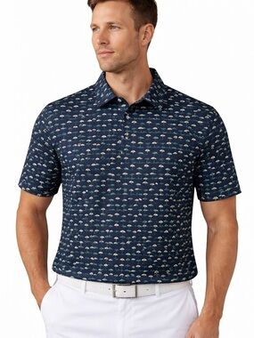 Pro Tour Golf Polo Blue Green Umbrella Print Performance Shirt Mens L